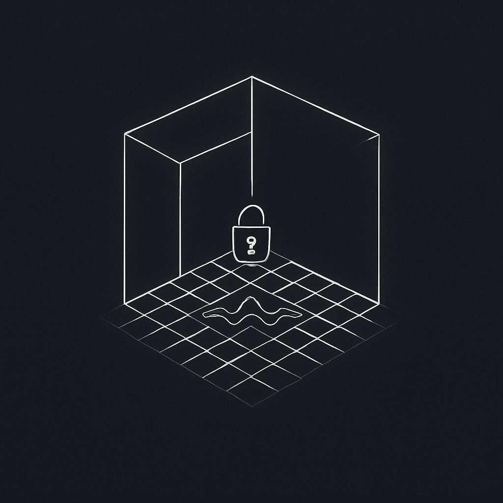Minimal abstract cover: wireframe world portal + padlock + interference wave, monochrome.