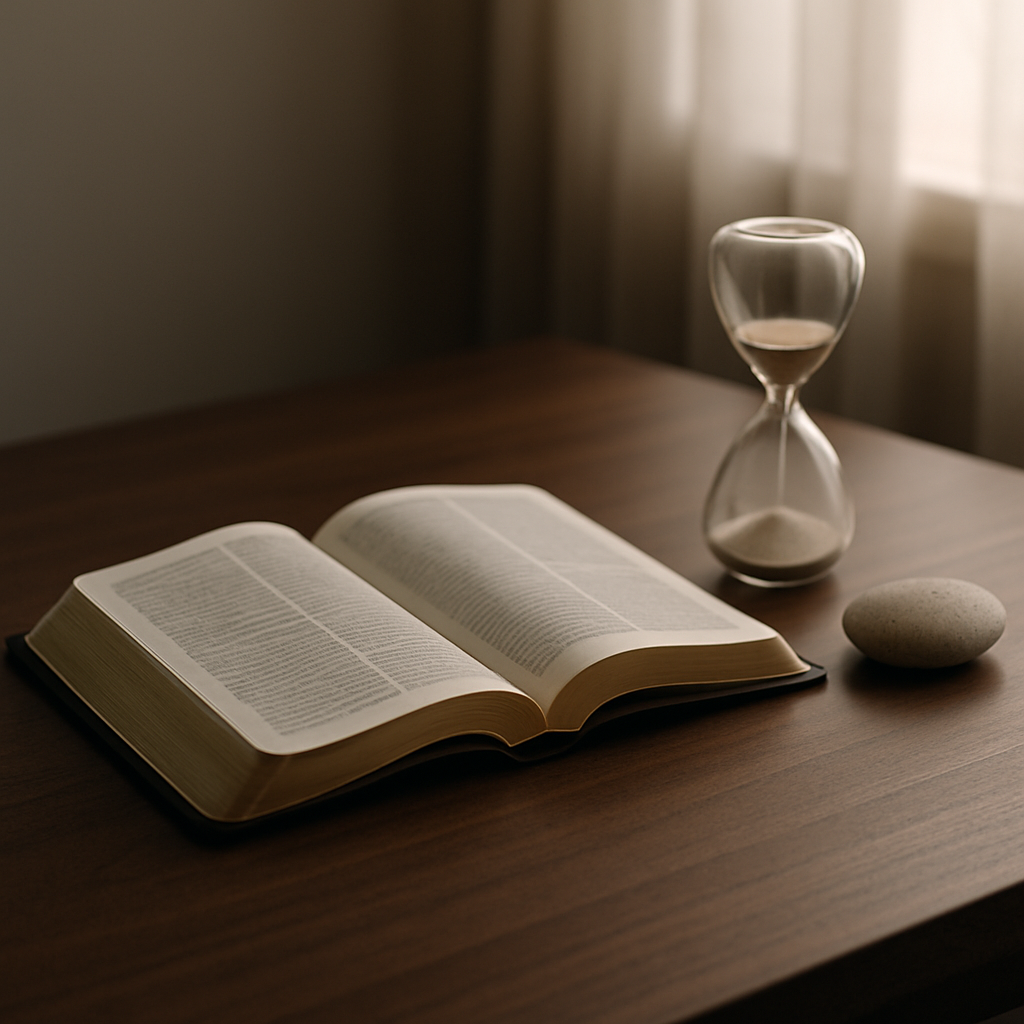 清晨书桌上的圣经与沙漏，提醒先停一下再行动