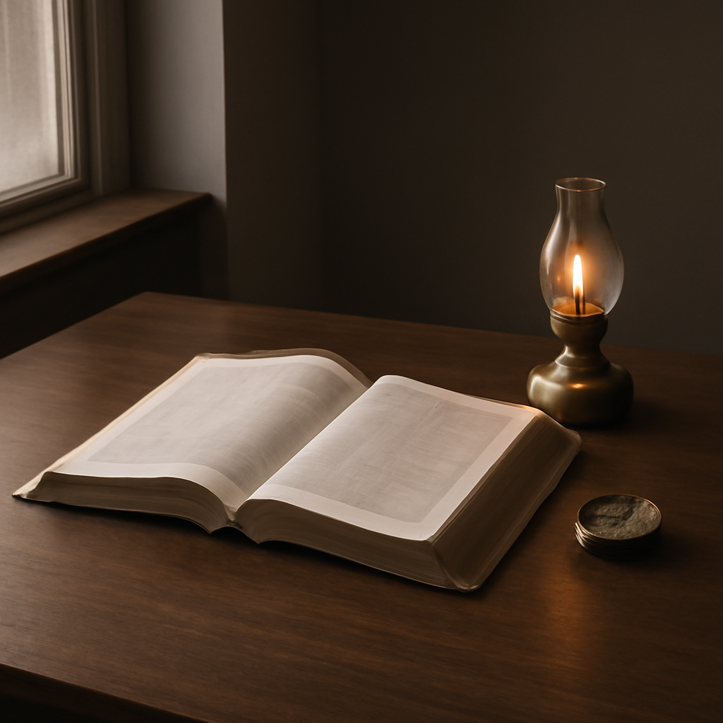 一盏小油灯旁摊开的圣经与一颗指南针，安静象征真理引导脚步