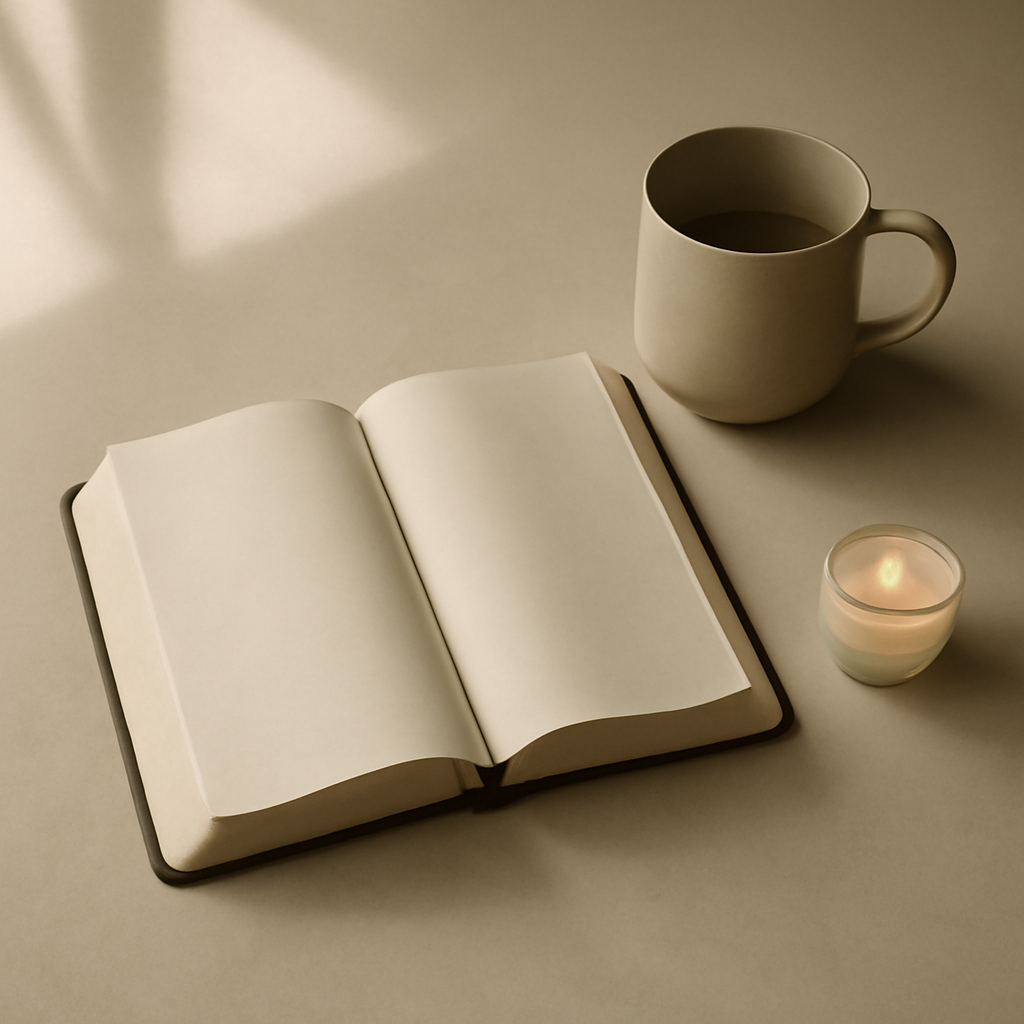 A minimal still-life of an open Bible and a small brass compass in soft morning light, with a faint forked path suggested in the background