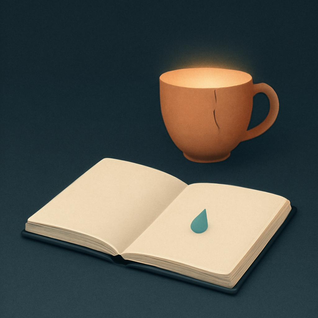Soft light spilling through a cracked clay cup onto an open journal and single tear-shaped droplet