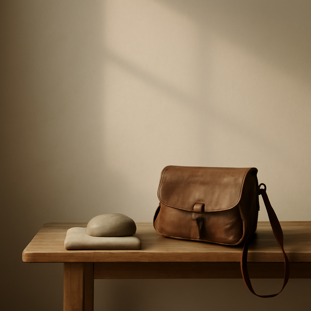 清晨柔光中，一只小皮包与一块光滑石头，象征把重担交托、只背一天