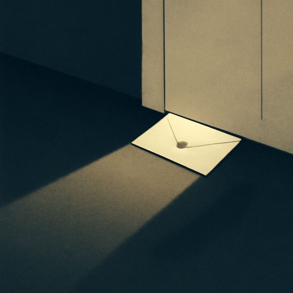 A sealed envelope with a gold wax seal tucked under a quiet apartment door with warm light spilling through the gap