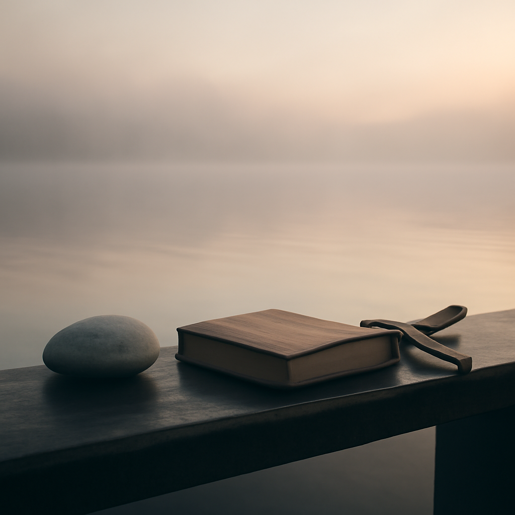 清晨微光下的静水、河石与合起的剑鞘，象征在主里安静得力