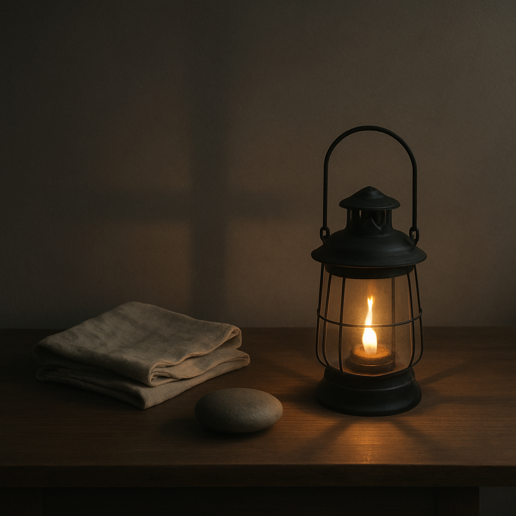 A quiet minimalist still-life suggesting comfort in suffering: a small lantern beside a folded cloth and a smooth stone