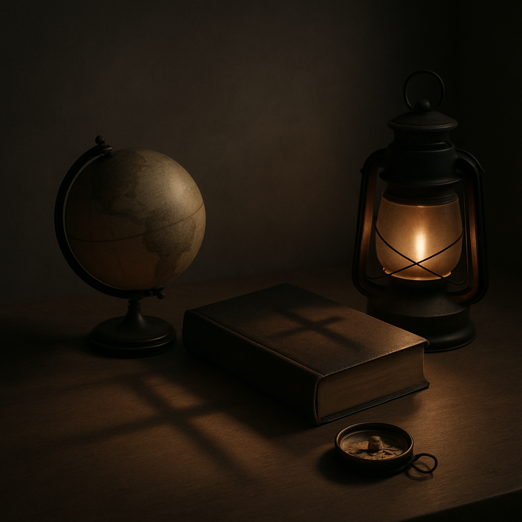 一幅安静留白的静物：一只小地球仪与罗盘、旁边合起的圣经与一盏微光的灯，暗处形成十字形影子
