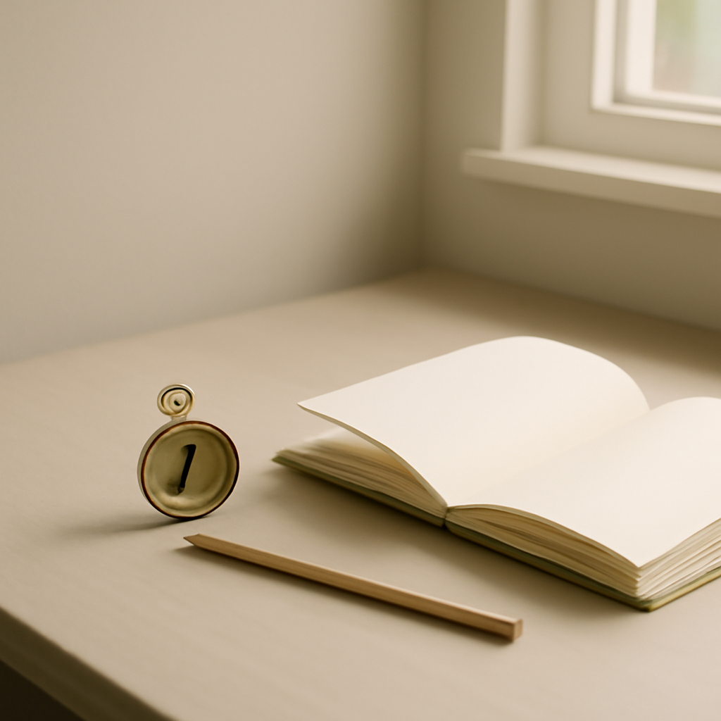 A minimal still-life of a small compass and an open notebook by a window