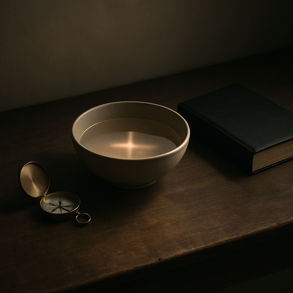 一幅安静留白的静物：木桌上一枚小罗盘与一碗清水，晨光在水面与桌面投出十字形光影；旁边放着合起的圣经（无可读文字）
