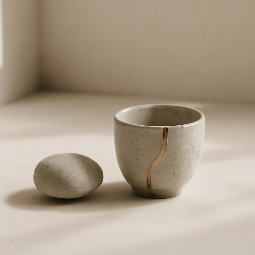 A calm, minimal still-life suggesting grace meeting weakness with quiet strength.