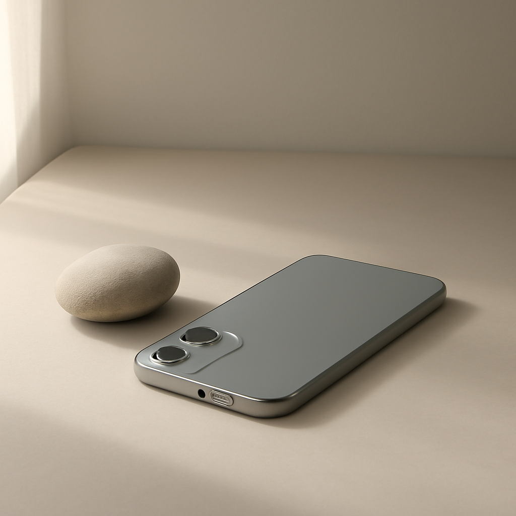 A calm minimalist still-life of a phone facedown beside a small smooth stone