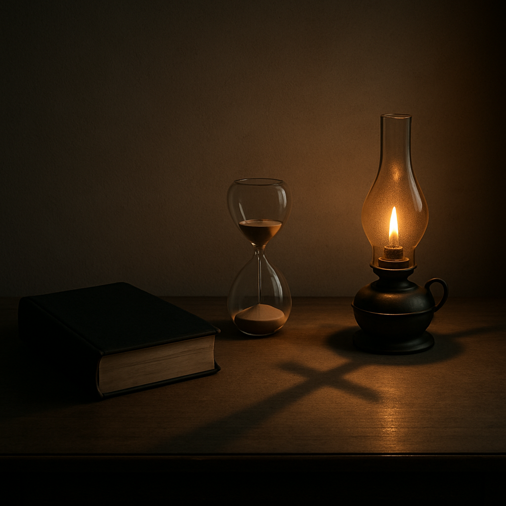 一幅克制安静的静物：木桌上放着一只小沙漏与一盏微光的油灯，旁边有一本合起的圣经（无可读文字）；晨光在桌面投出淡淡十字形光影，留白充足