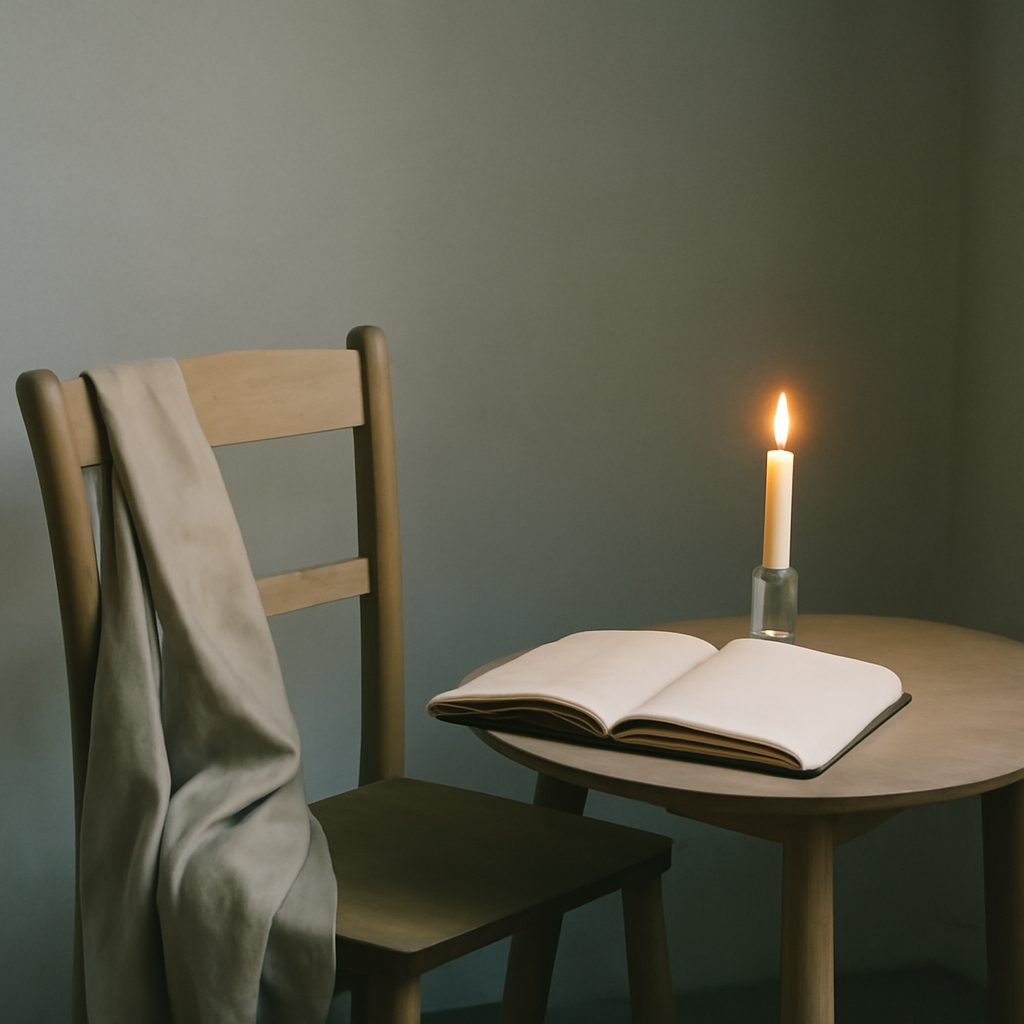A calm, minimal still-life with an empty chair, a small candle, and an open Bible in soft morning light.