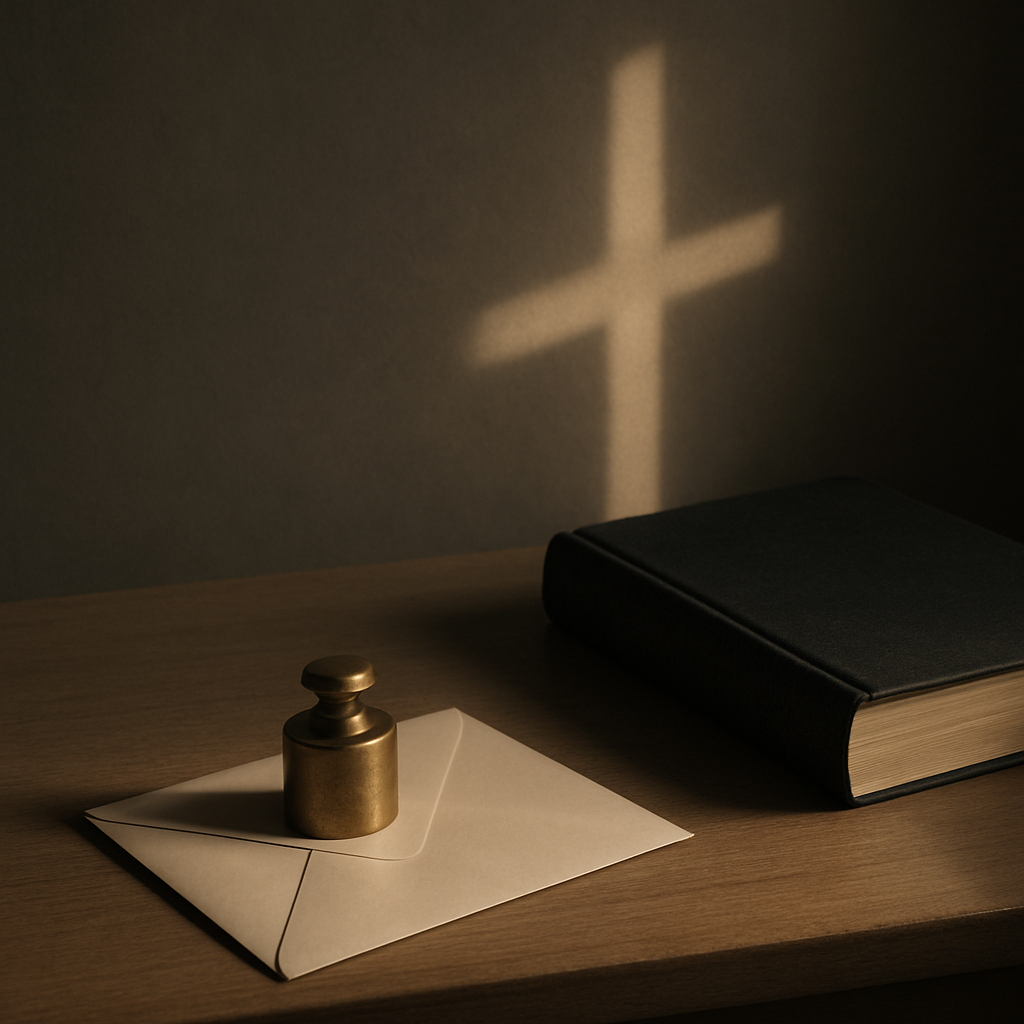 一幅克制安静的静物：木桌上有一枚小小的黄铜砝码与一封封口的信封，旁边放着一本合起的圣经（无可读文字）；清晨柔光在桌面投出淡淡十字形光影，留白充足