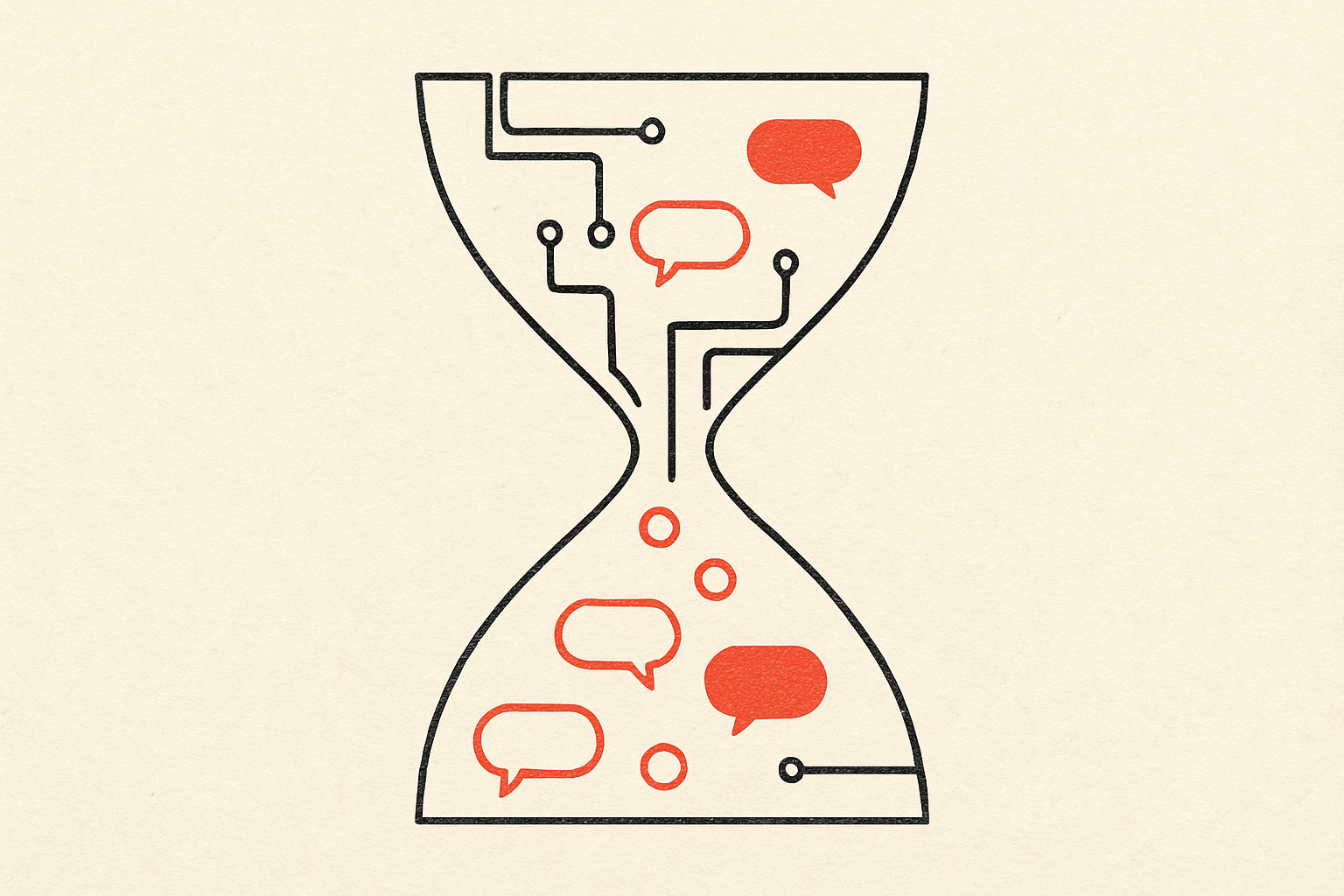 Minimal editorial illustration of an abstract hourglass made of circuit traces, suggesting compounding latency