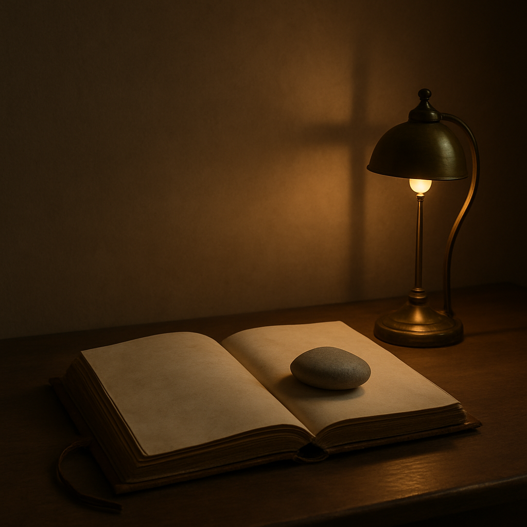 一盏微光下，桌面上摊开的笔记本与一块小石头，象征把重担放下。