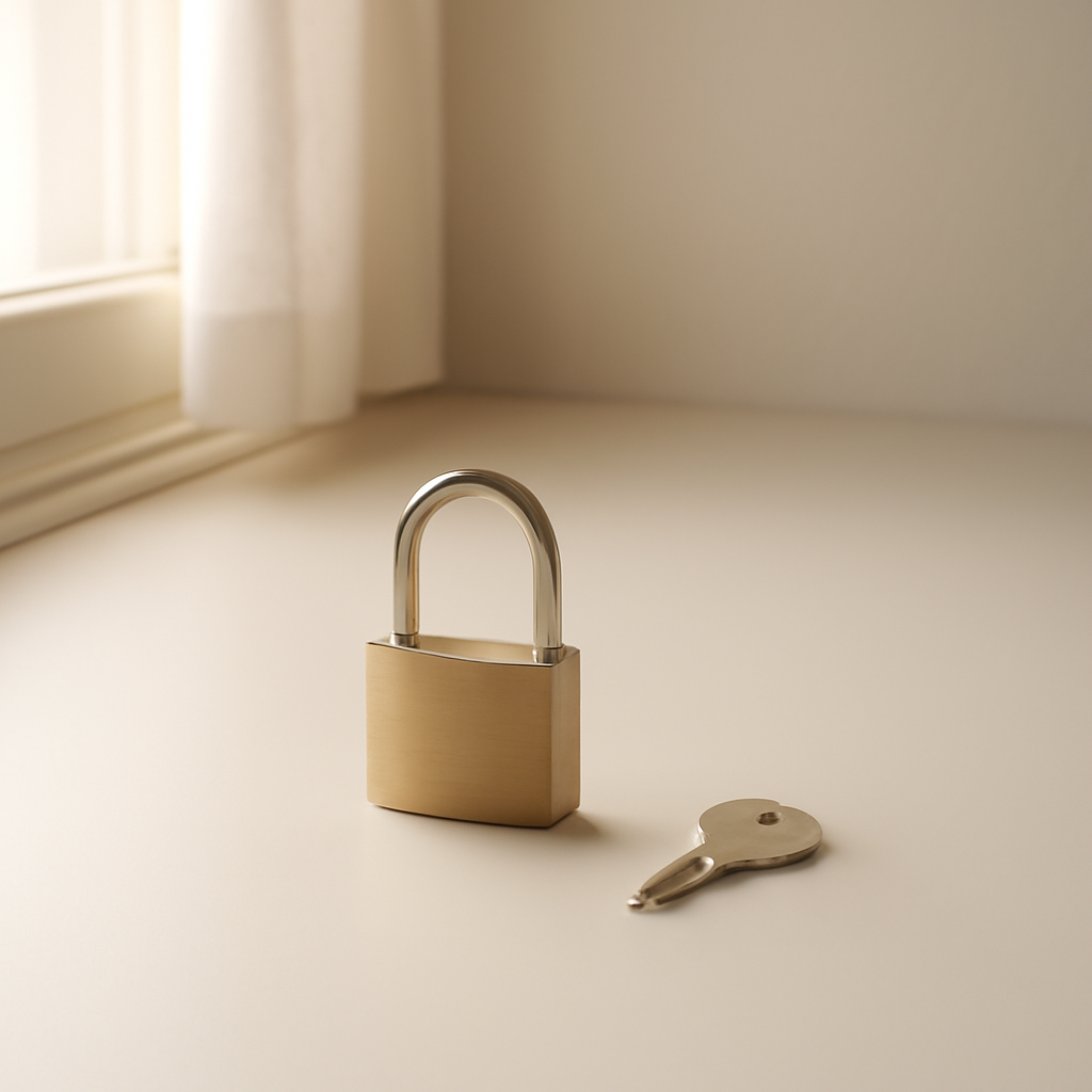 A calm minimalist still-life of an open padlock and key on a tidy desk