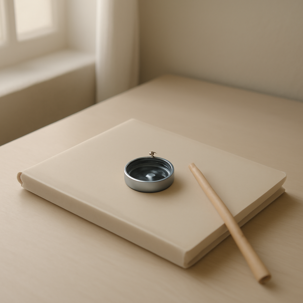 A calm minimalist still-life of a small compass on a notebook in soft morning light