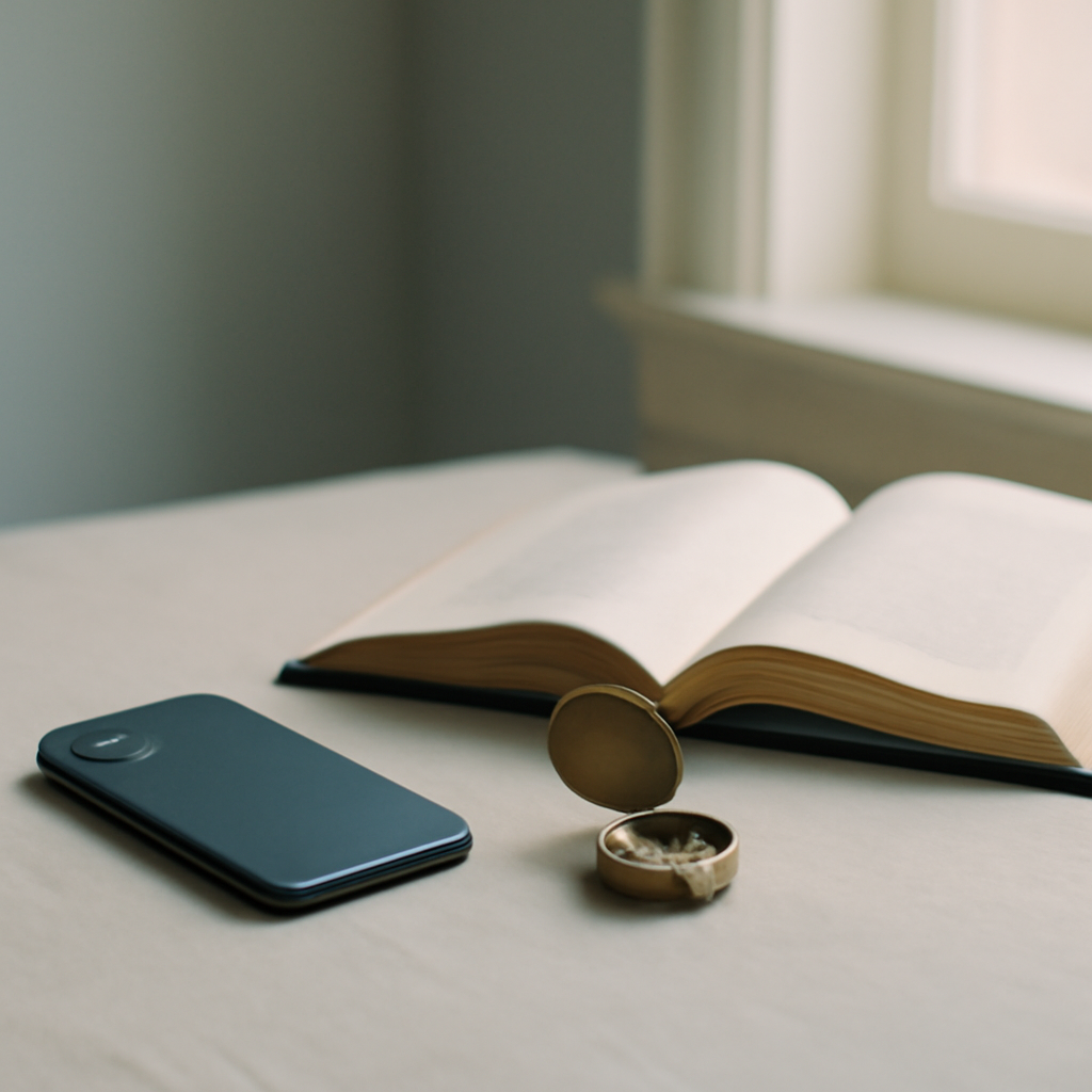 A calm, minimal still-life suggesting attention returning to Jesus in soft morning light.