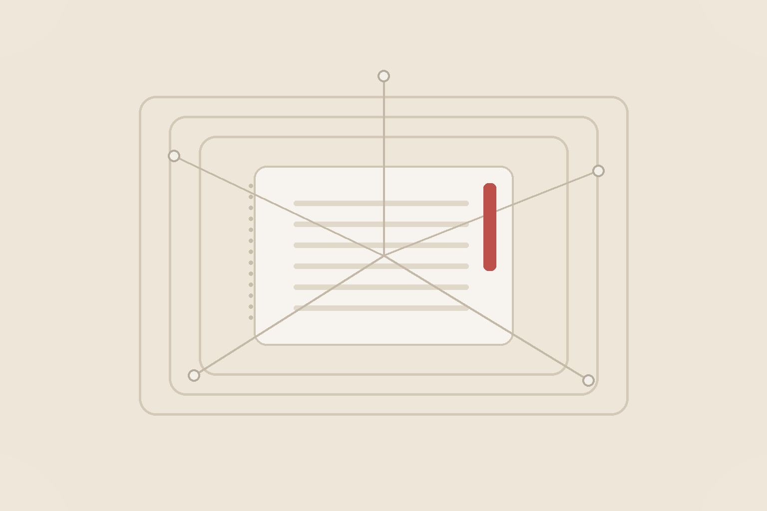 Minimal editorial illustration of a receipt-like card inside nested governance frames connected to small trace nodes