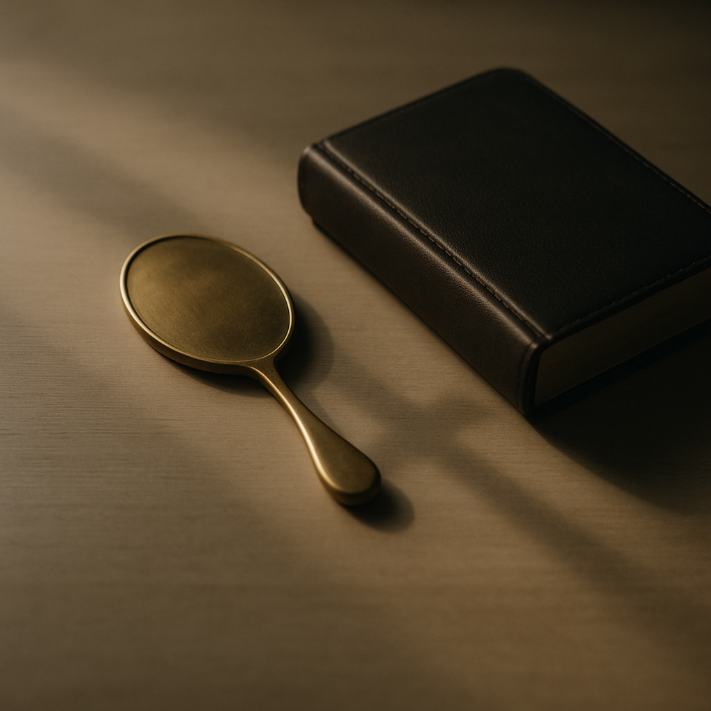 木桌上，一面黄铜小镜子扣放在合起的皮面圣经旁，晨光投下淡淡十字影，象征不再活在人前的目光里。