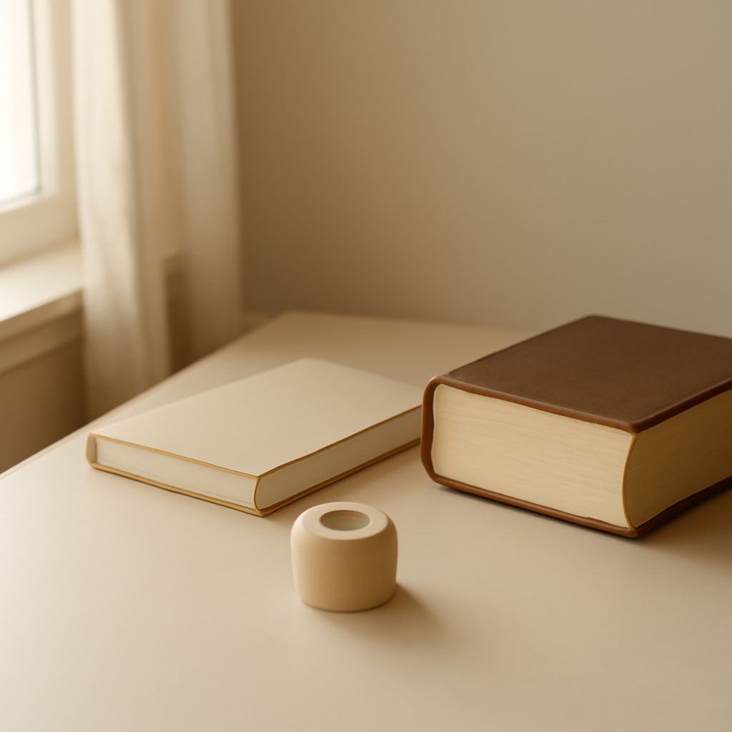 A calm minimalist still-life of a small bandage roll beside a simple journal and a closed Bible in soft morning light