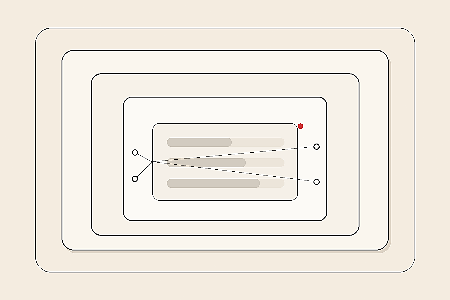 Minimal editorial illustration of layered evaluation cards and a simple score dashboard connected to small trace nodes