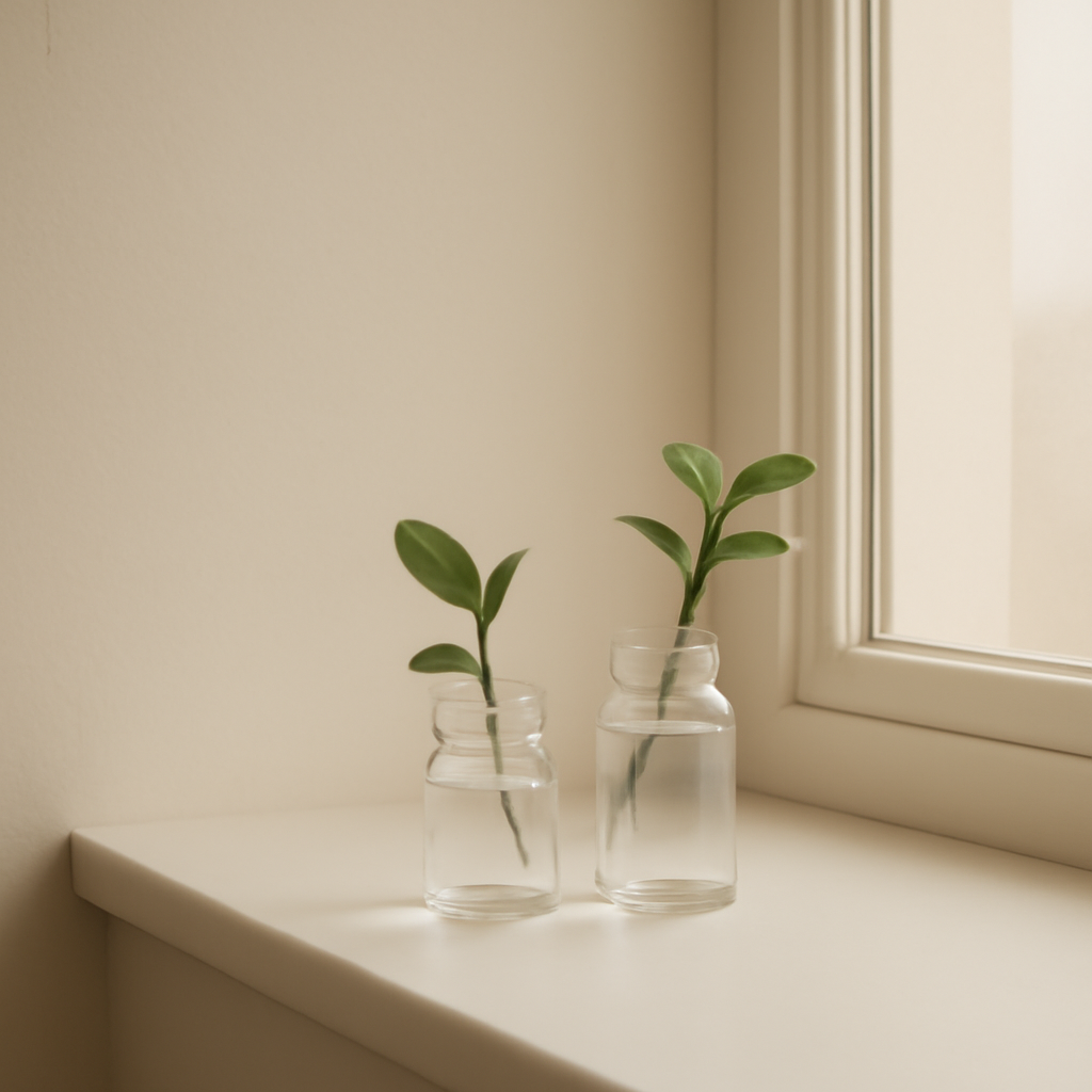 A calm minimalist still-life of two small plant cuttings in simple glass jars of different heights on a windowsill in soft morning light