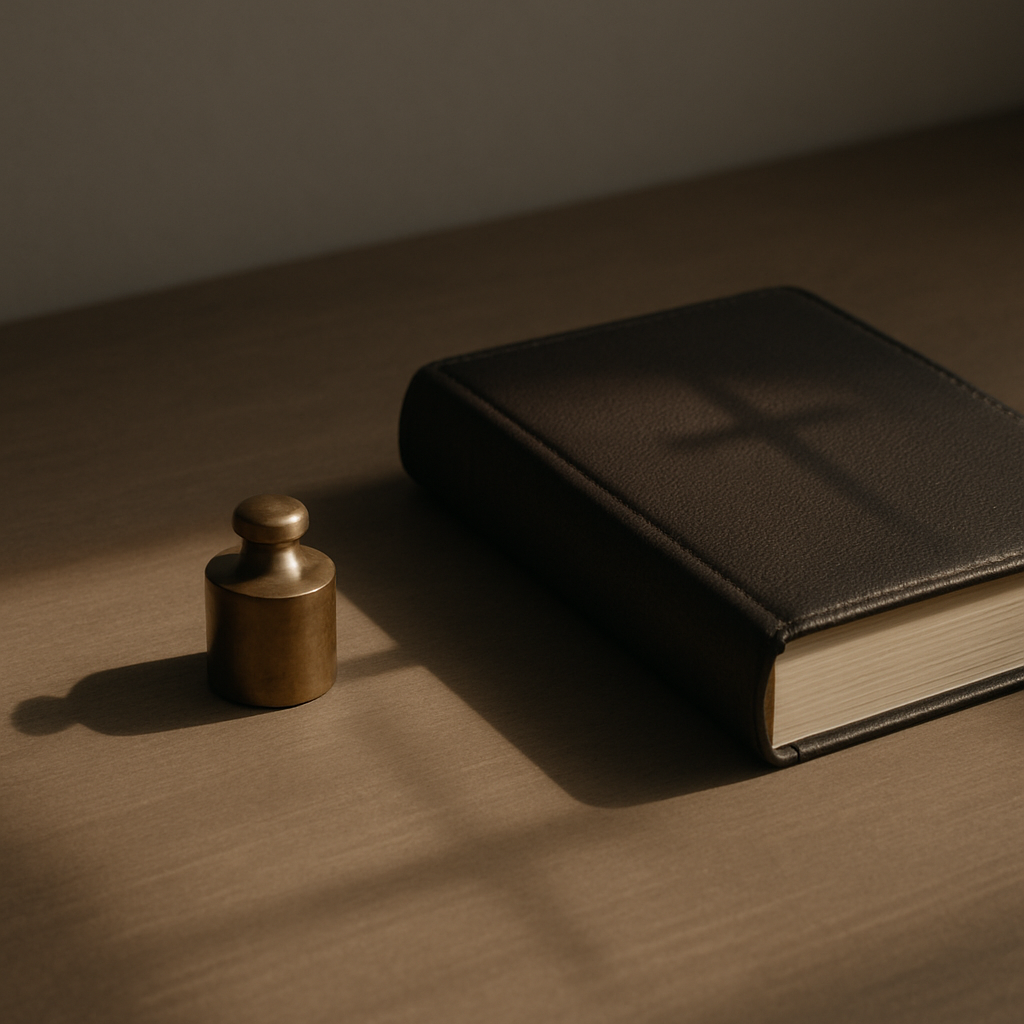 木面上，一枚黄铜秤砣与合起的皮面圣经并放，晨光投下淡淡十字影，象征先求主的国与义，使心归位而安稳。