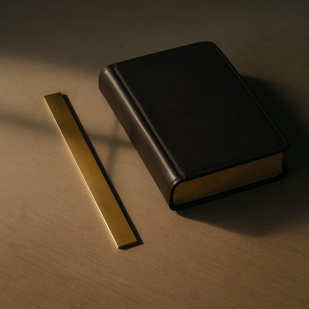 木面上，一把黄铜直尺与合起的皮面圣经并放，晨光投下淡淡十字影，象征不倚靠自己的聪明，承认主就使道路正直。