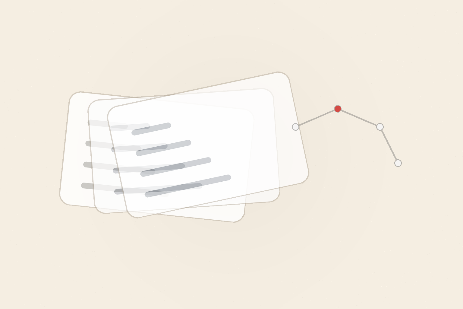 Minimal editorial illustration of stacked confidence cards with small score bars, connected by a thin line to trace nodes, with a single red accent dot