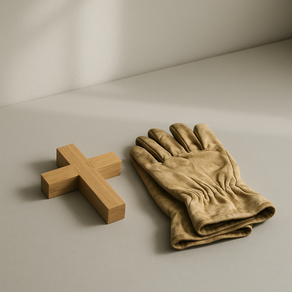 柔和晨光下，一副旧工作手套与一个简洁的十字形木质镇纸并放在浅灰桌面上，象征把日常劳作从心里献给主。