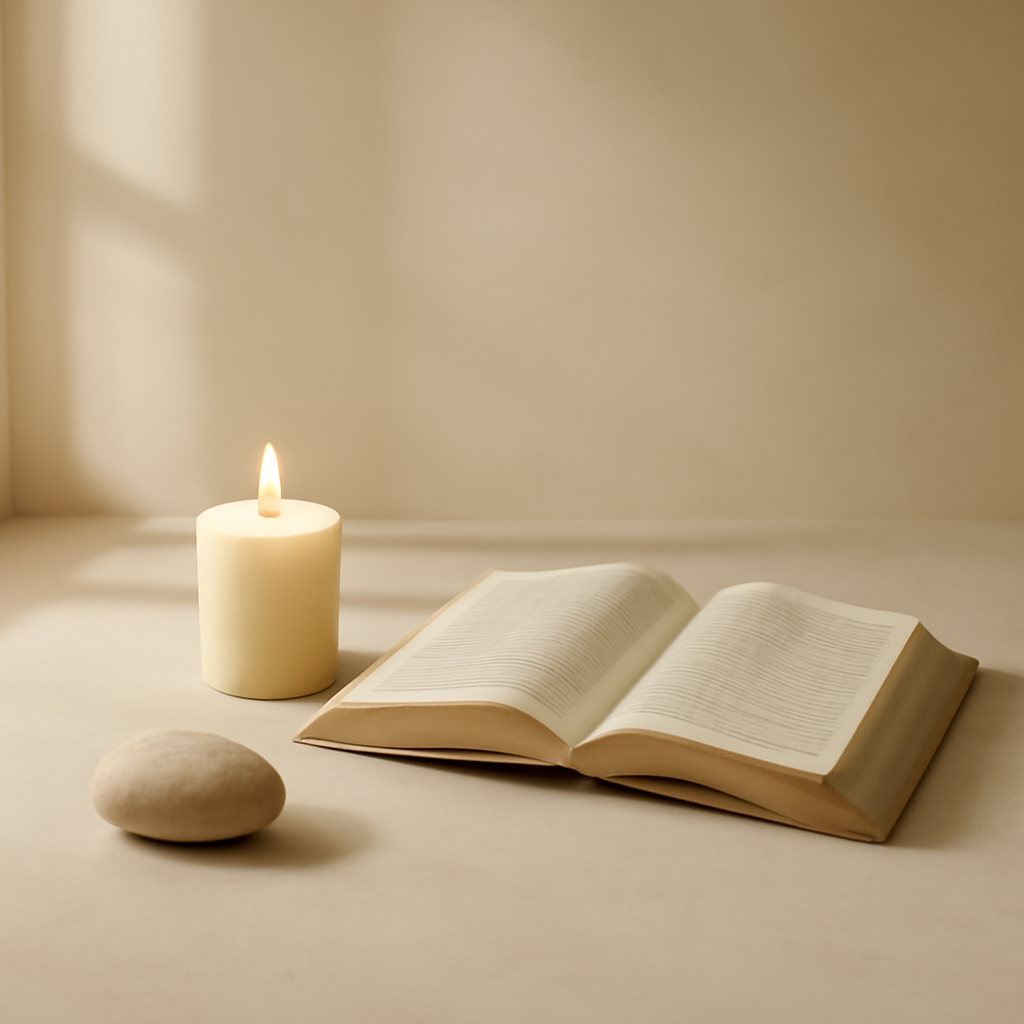 A calm, minimal still life in warm light—quiet and spacious, evoking peace and courage.