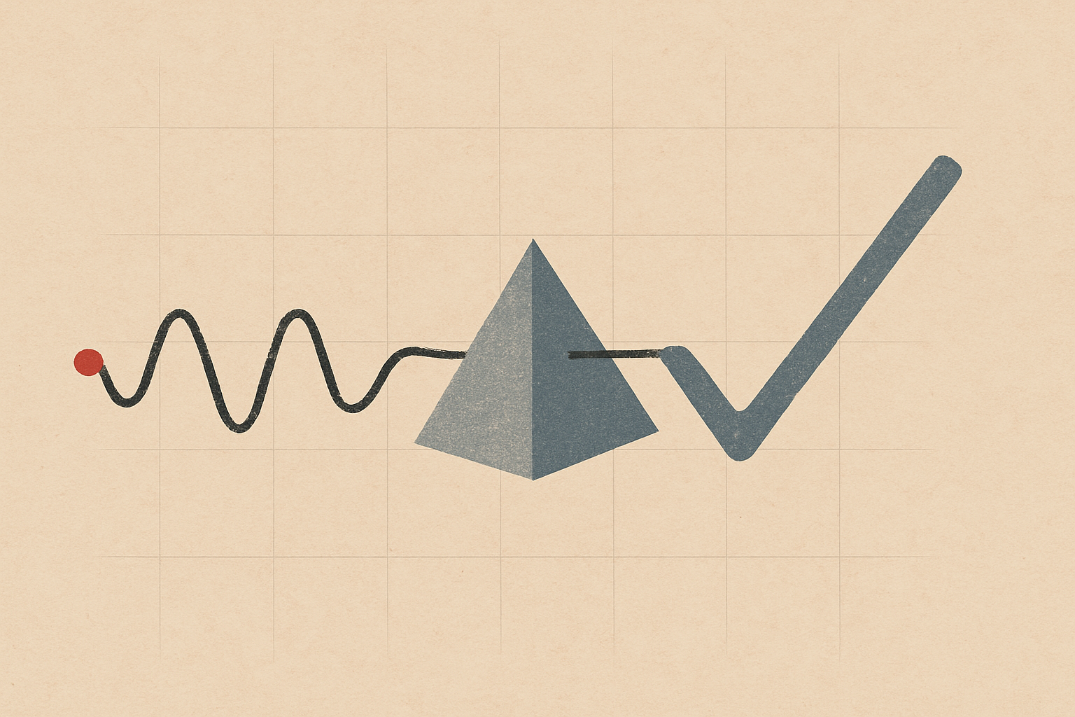 Minimal editorial illustration of a radar-like signal waveform passing through a prism and becoming a checkmark, with a subtle grid and a single red accent dot