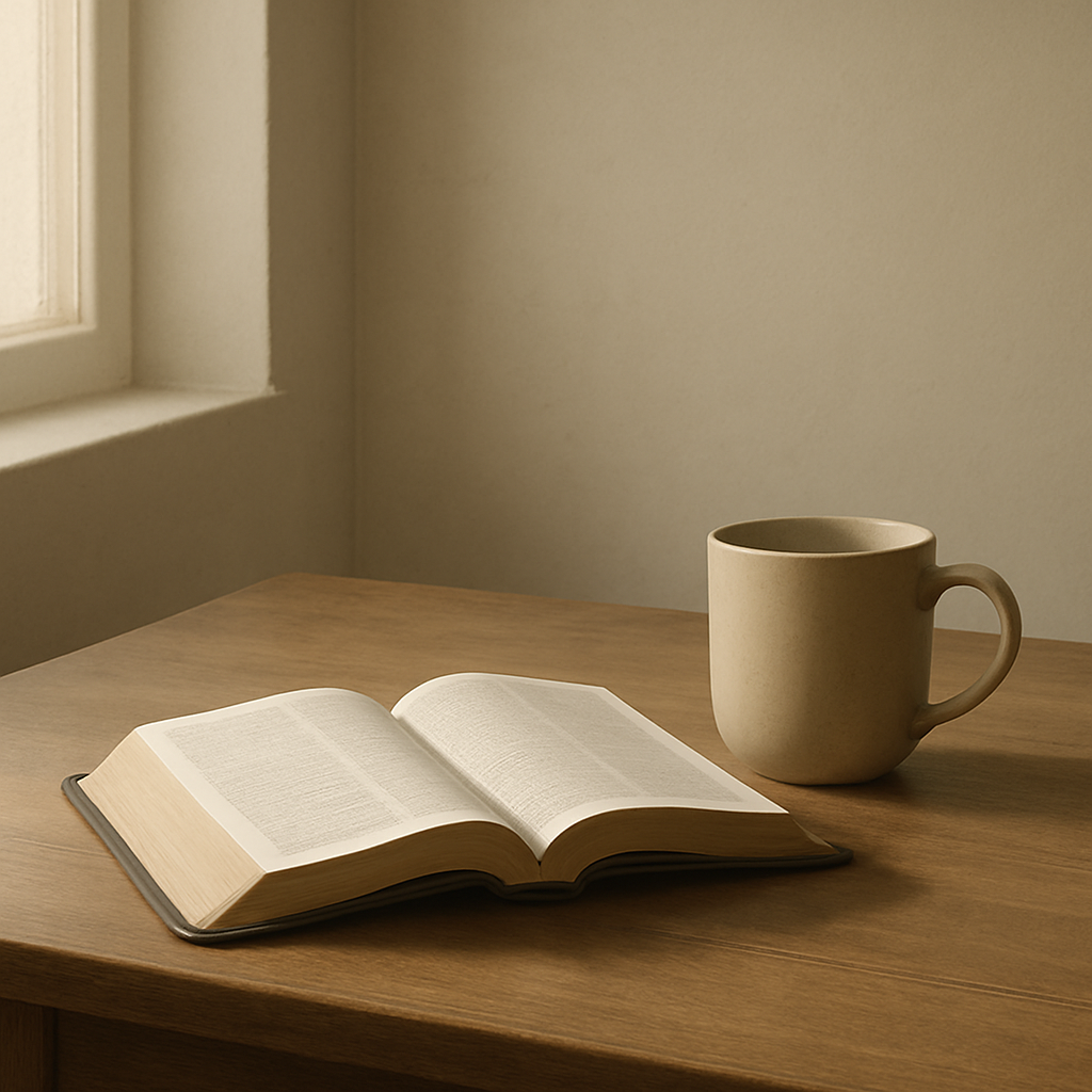 清晨柔光下的打开圣经与一只简洁陶杯，画面留白安静，无文字