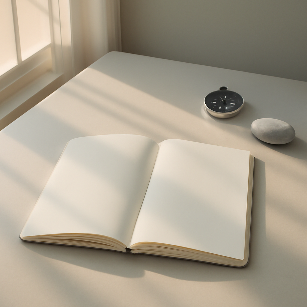 A calm, minimal still life in soft sunrise light—an open blank journal and a small compass, with generous negative space.
