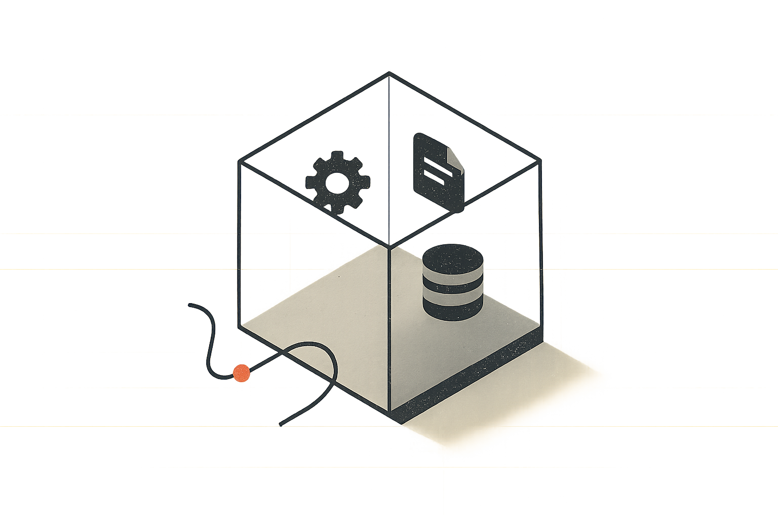 Minimal editorial illustration of a transparent sandbox cube containing small abstract work icons while a signal line is redirected back inside, with a subtle grid and a single red accent dot