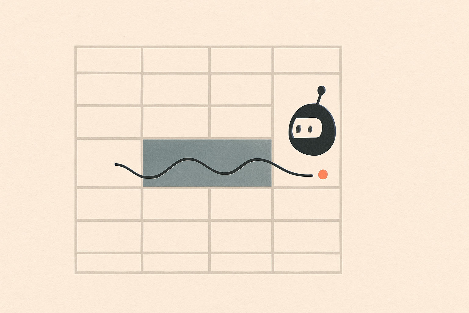 Minimal editorial illustration of a clean spreadsheet grid with a single highlighted row being processed by a small abstract agent cursor, with one red accent dot