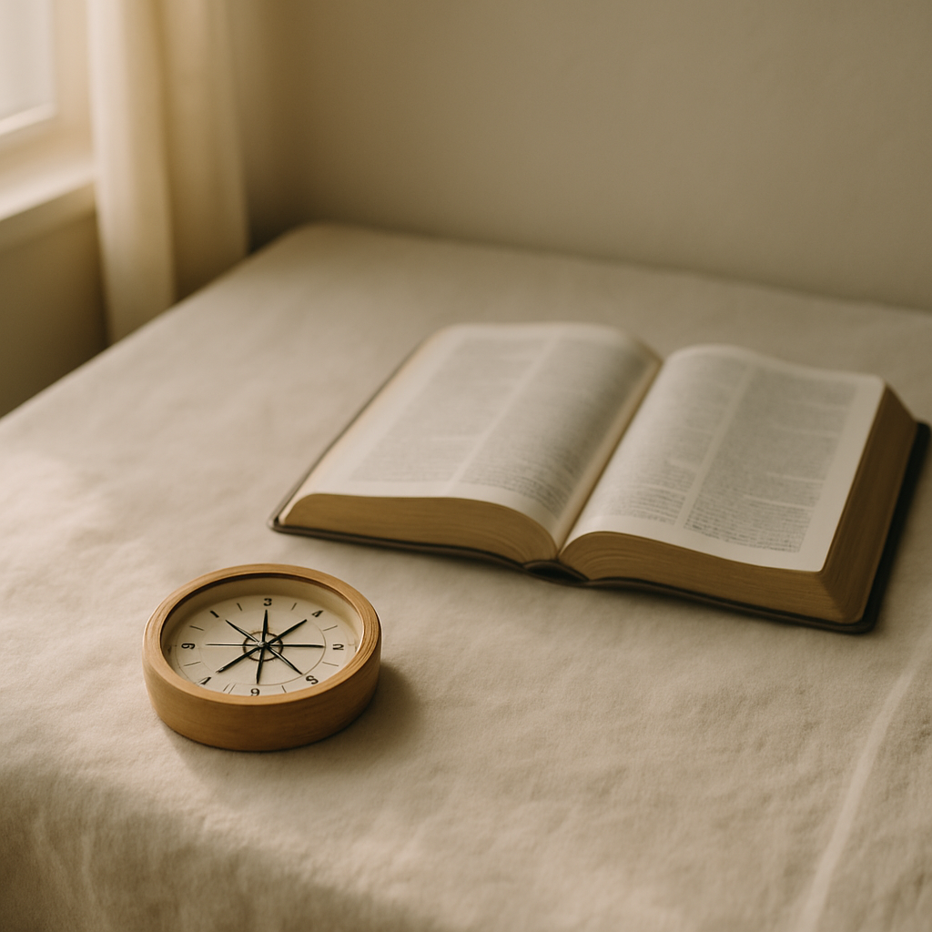 一只木质罗盘放在亚麻布与翻开的圣经旁，晨光柔和，画面克制安静。