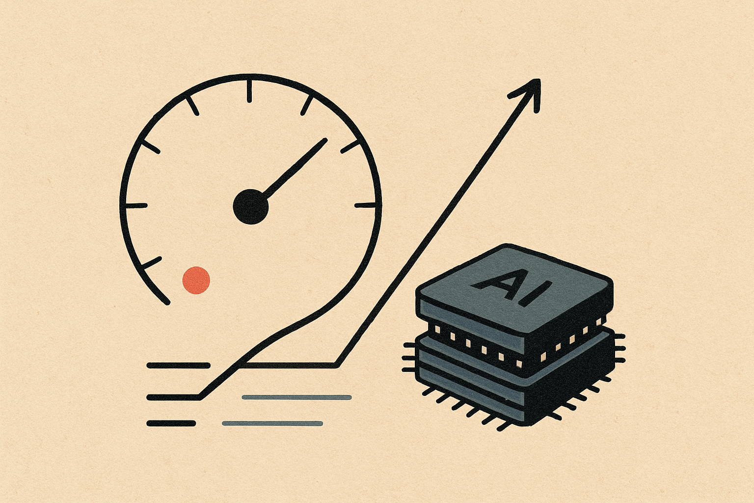 Minimal editorial illustration of an abstract compute budget gauge beside stacked AI chips with a single red accent dot