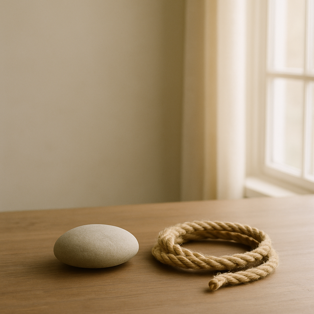 木桌上放着一枚光滑的石头与一段松松盘起的绳子，晨光柔和，画面留白安静。