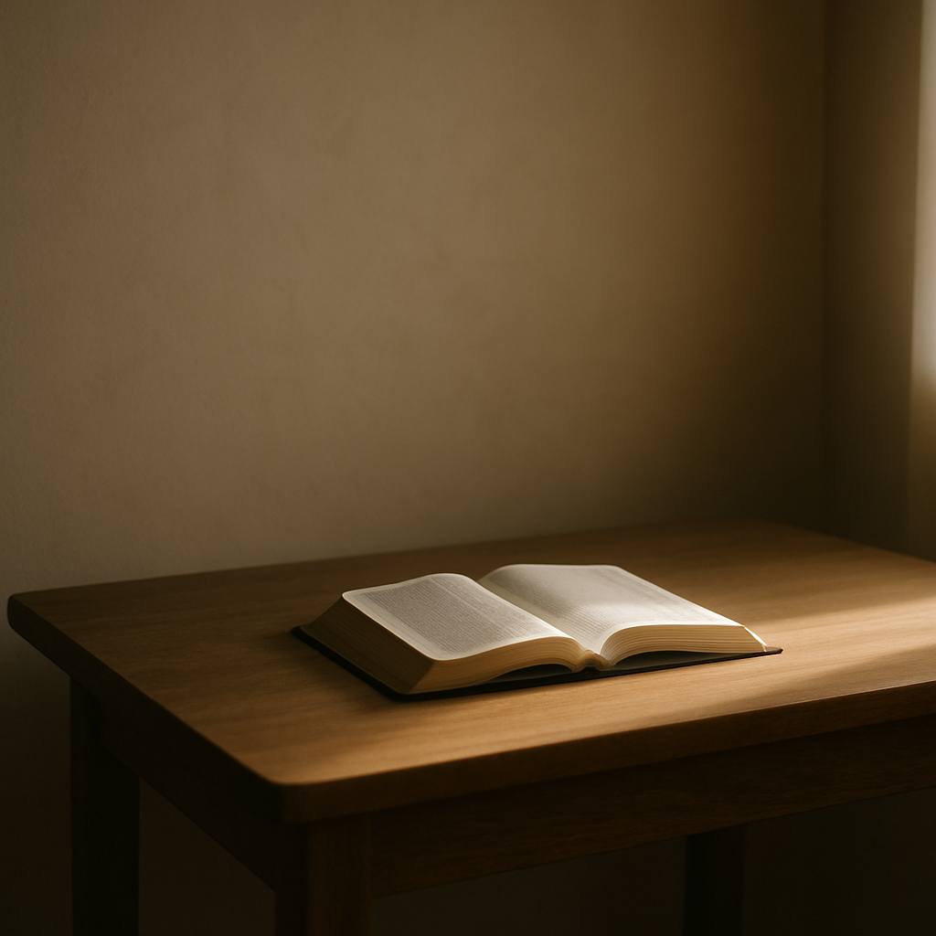 清晨柔光照在摊开的圣经上，画面留白安静。