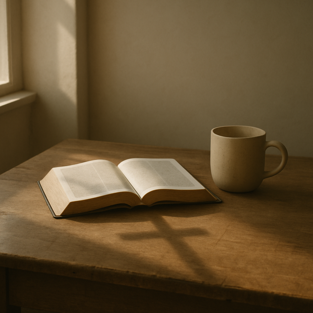 清晨柔光下的木质工作台与打开的圣经，画面安静留白，无文字无人脸