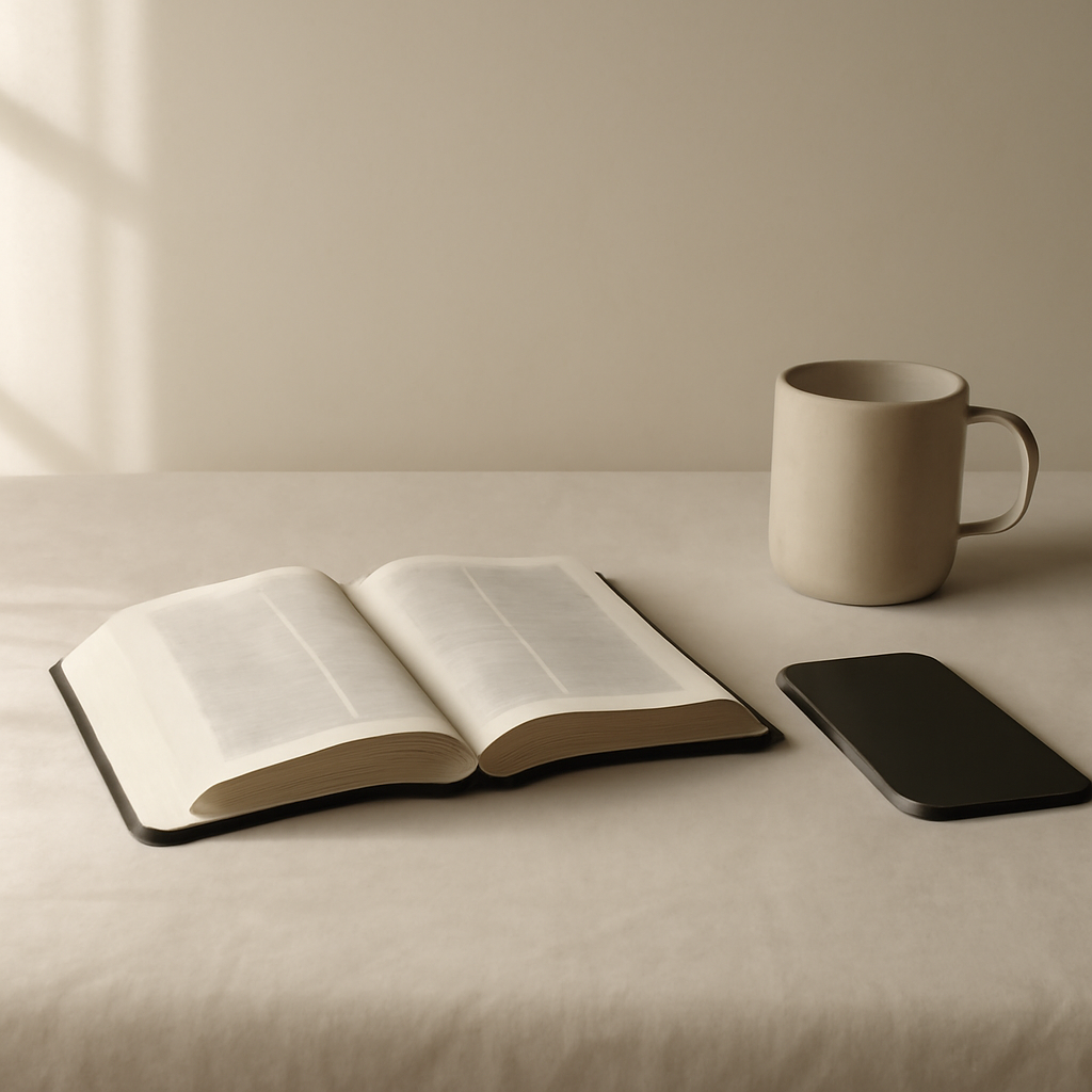 A calm still-life of an open Bible with soft morning light and a phone set aside.