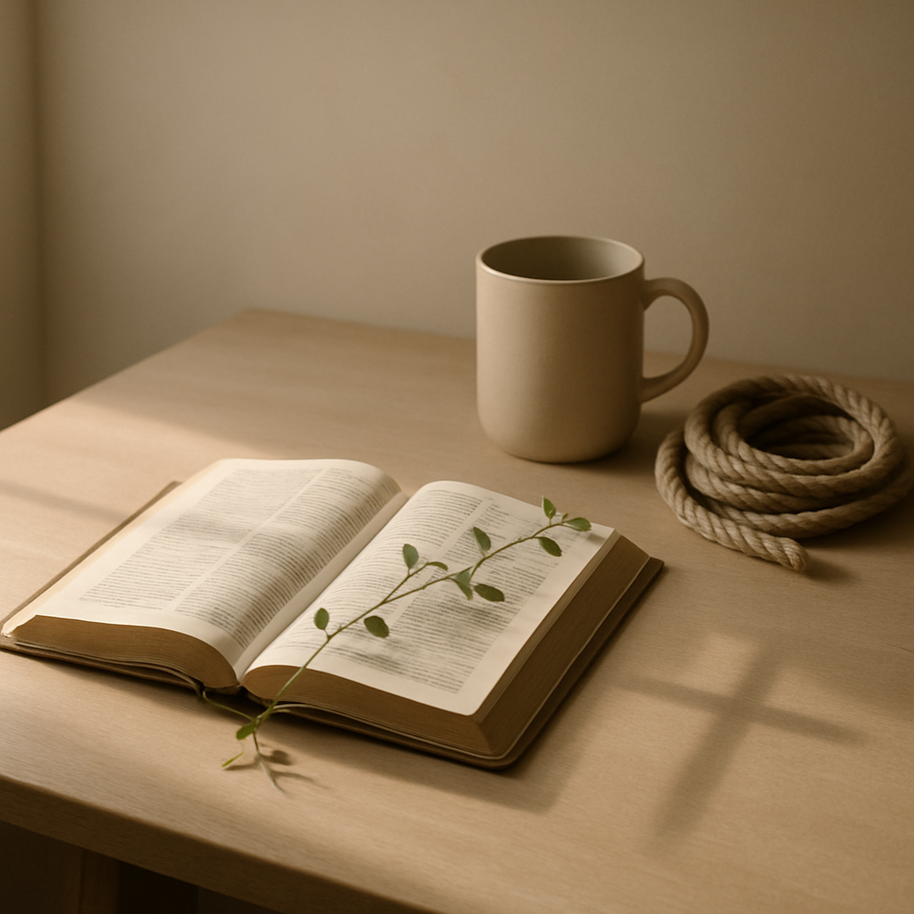 清晨的木桌上摊开一本圣经，旁边是一只素色杯子与一圈绳索，一段小藤蔓轻轻搭在书页边缘，光影安静。