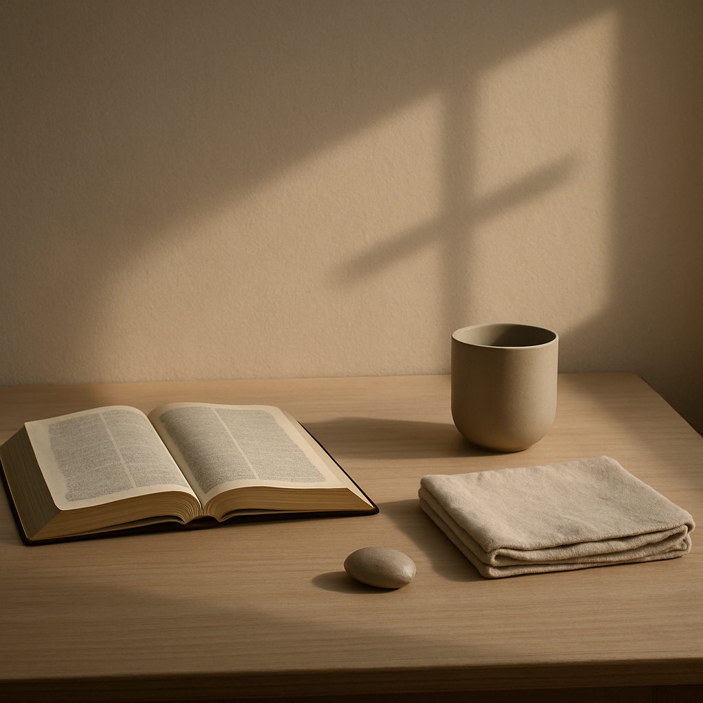 清晨柔光下的木桌上摊开一本圣经，旁边有一只素色杯子与折好的布巾，桌面有淡淡十字形光影，画面安静留白。