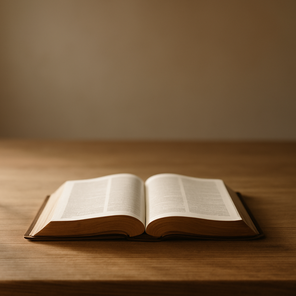 安静的清晨光线落在一本打开的圣经上（无文字、无人物脸）
