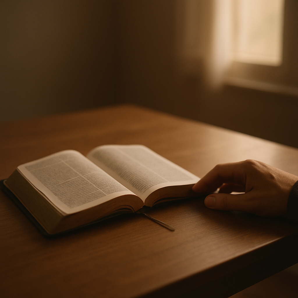 安静桌面上，一只手轻放在打开的圣经旁（无文字、无脸）