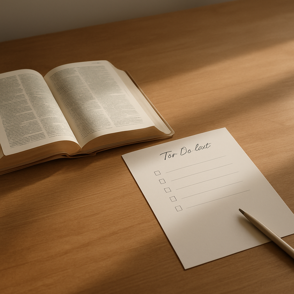 柔和清晨光里，一本打开的圣经旁放着简洁的手写计划清单与钢笔，画面克制安静、留白（无文字、无人物脸）。