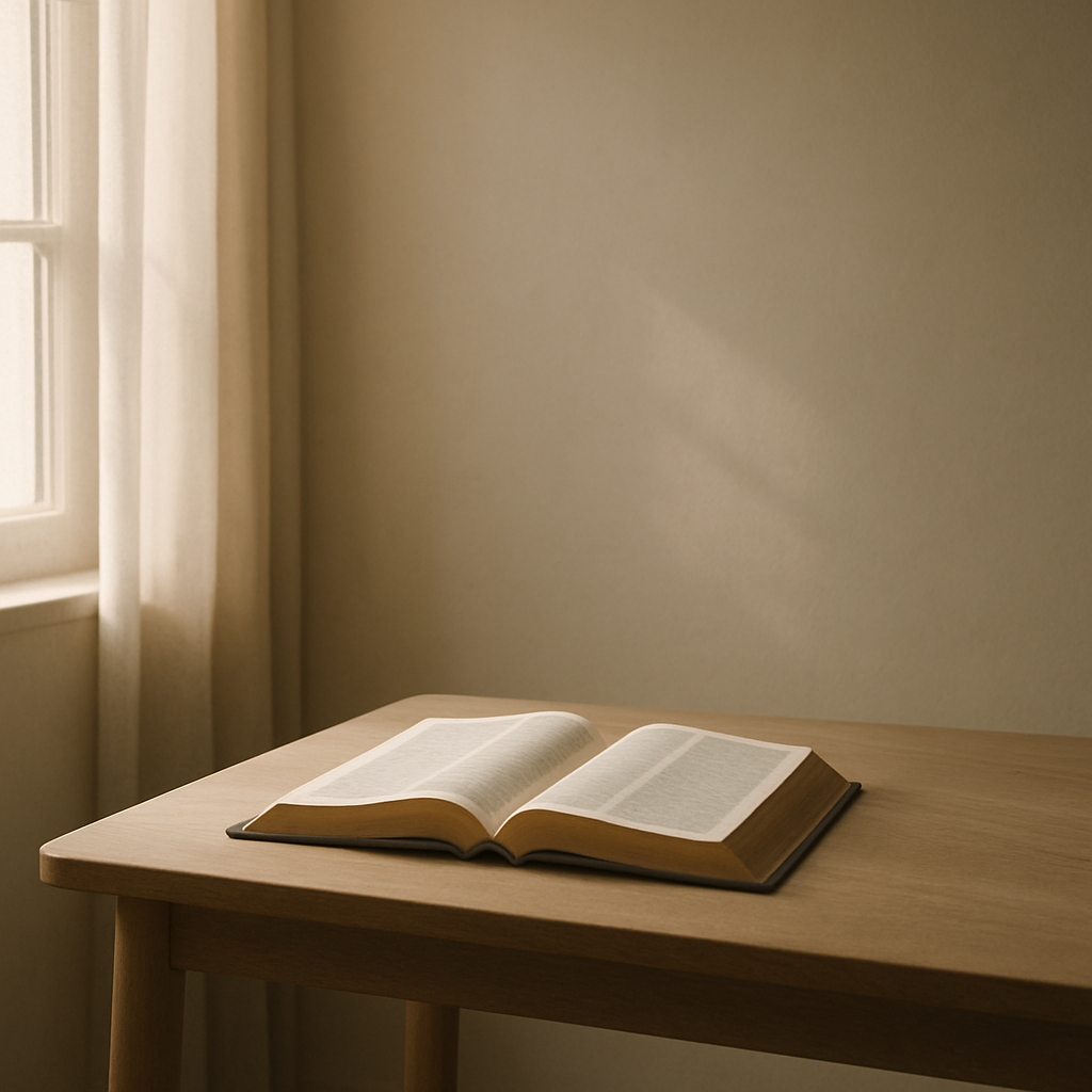 清晨柔光照在翻开的圣经与木桌上，画面安静克制、留白充足，无文字与人物。