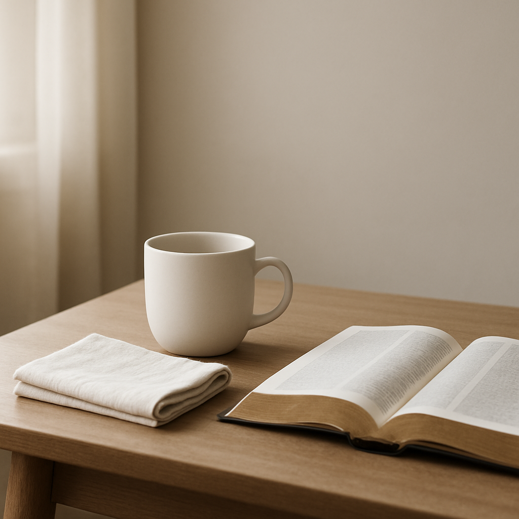 柔和清晨光里，一只干净的白色陶杯与一条折好的亚麻布放在木桌上，旁边有摊开的圣经（无可辨识文字），画面克制留白、无文字与人物。